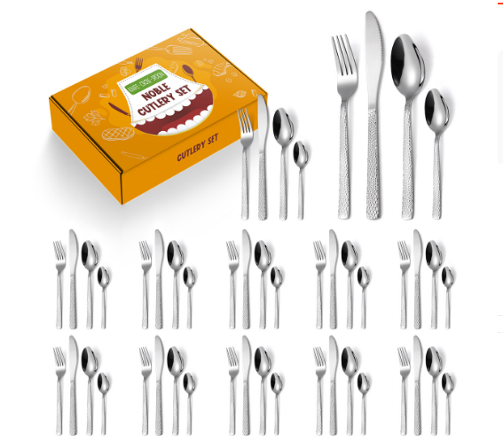 New square handle hammered stainless steel tableware (silver 48-piece set)