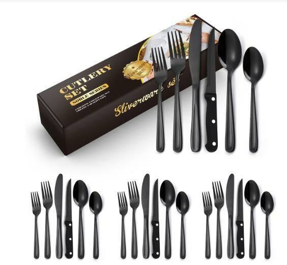 New grooved square handle tableware (black 24-piece set)
