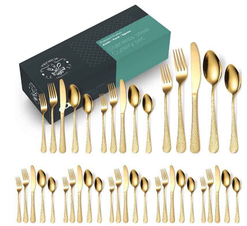 New creative hammered handle stainless steel tableware (gold 40-piece set)