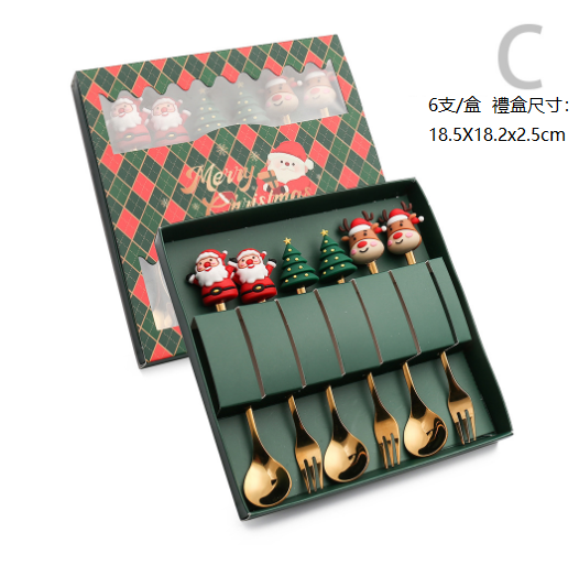 Popular Q Christmas spoon and tableware set (C doll spoon and fork 6PCS-Christmas green box)