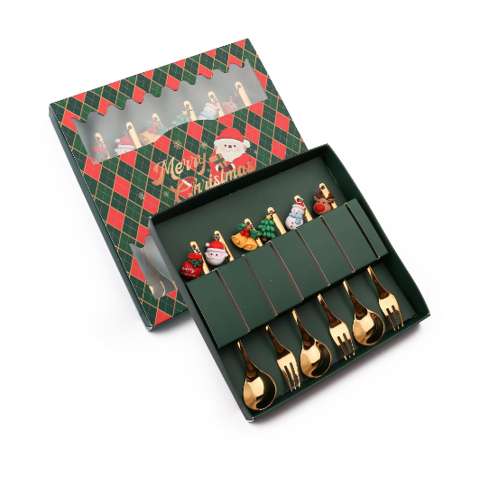 Popular Q Christmas spoon and tableware set (resin pendant spoon and fork 6PCS-Christmas green box)