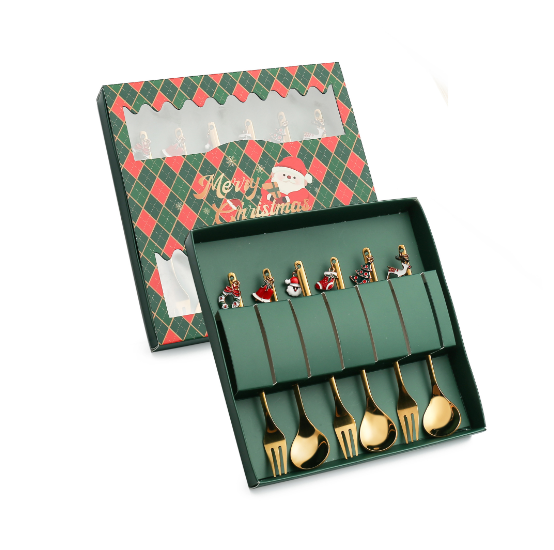 Popular Q Christmas spoon and tableware set (A pendant spoon and fork 6PCS-Christmas green box)