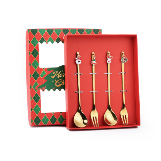Popular Q Christmas spoon and tableware set (B pendant spoon and fork 4PCS-Christmas red box)