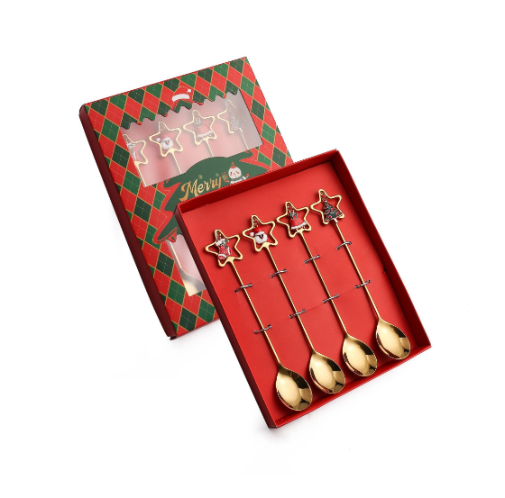 Popular Q Christmas Spoon Tableware Set (304 Five-Pointed Star Spoon 4PCS-Christmas Red Box)