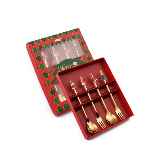Popular Q Christmas Spoon Golden Pendant Spoon Tableware Gift Box (Christmas Spoon and Fork 4PCS-Gift Box)