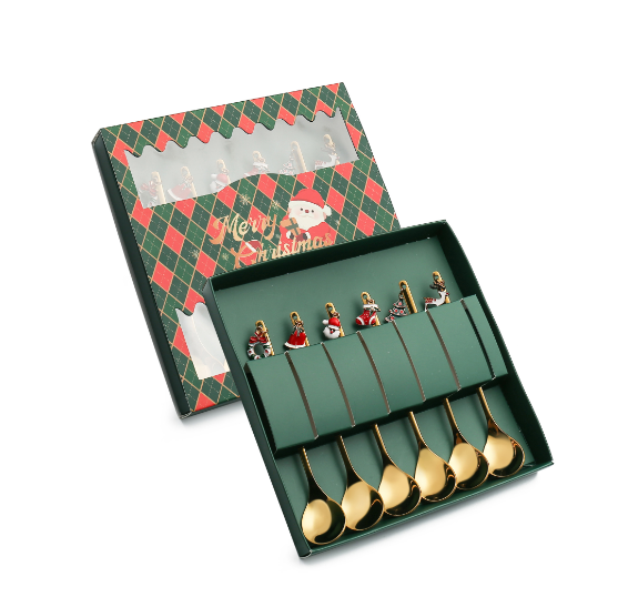 Popular Q Christmas Spoon Golden Pendant Spoon Tableware Gift Box (Christmas Spoon 6PCS-Green Gift Box)
