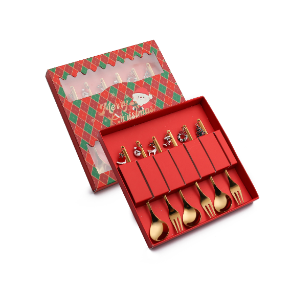 Popular Q Christmas Spoon Golden Pendant Spoon Tableware Gift Box (Christmas Spoon and Fork 6PCS-Red Gift Box)