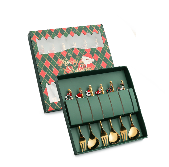 Popular Q Christmas Spoon Golden Pendant Spoon Tableware Gift Box (Christmas Spoon and Fork 6PCS-Green Gift Box)