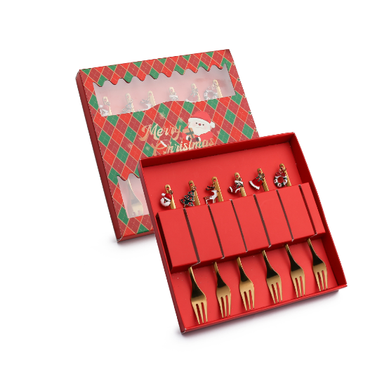 Popular Q Christmas Spoon Golden Pendant Spoon Tableware Gift Box (Christmas Spoon 6PCS Red Gift Box)