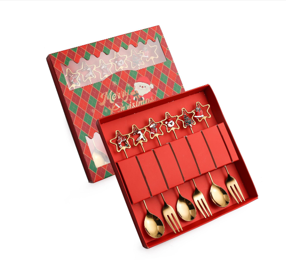 Popular Q Christmas fork and spoon cutlery gift box (304 five-pointed star Christmas golden spoon and fork six-piece set + red box)
