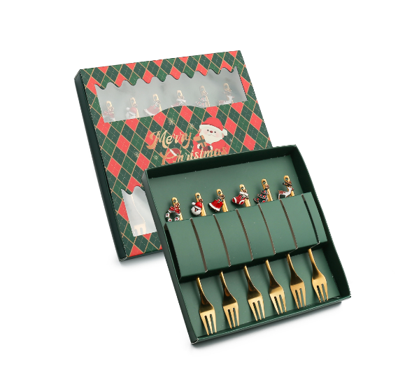 Popular Q Christmas Spoon Golden Pendant Spoon Tableware Gift Box (Christmas Fork 6PCS Green Gift Box)