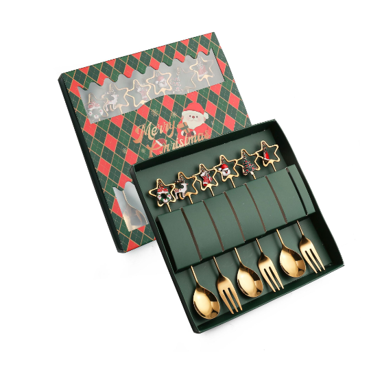 Popular Q Christmas fork and spoon cutlery gift box (304 five-pointed star Christmas golden spoon and fork six-piece set + green box)