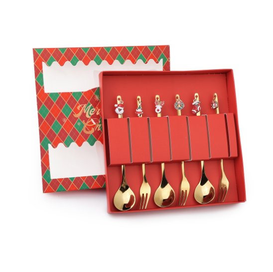 Popular Q Christmas spoon and tableware set (B pendant spoon and fork 6PCS-Christmas red box)