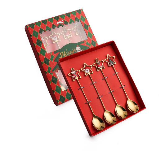 Popular Q Christmas fork and spoon cutlery gift box (304 golden star Christmas spoon - set of four)