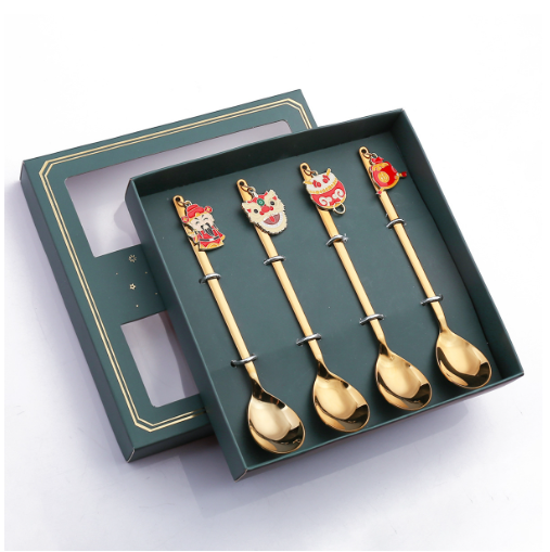 Hot Recommended Q Golden Fork and Spoon Tableware Gift Set of Four (Lion Dance Golden Spoon + Little Green Box 304)