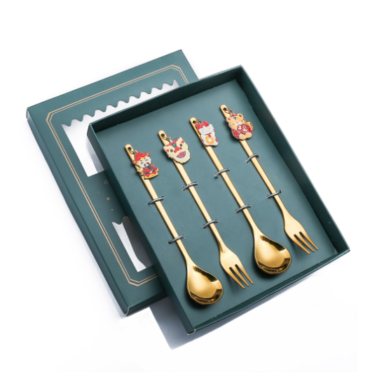 Hotly recommended Q golden fork and spoon tableware gift set of four (lion dance golden spoon and fork + medium green box 410)