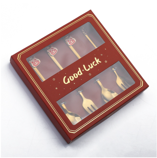 Hot Recommended Q Golden Forks and Spoons Tableware Gift Set of Four (Year of the Tiger Golden Spoons + Little Red Box 304)