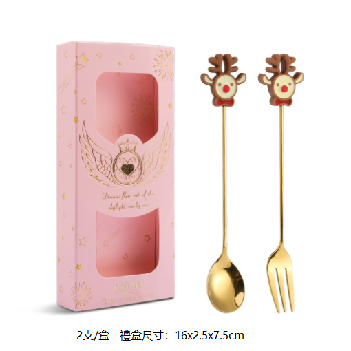 熱推Q聖誕節創意叉勺餐具套裝（麋鹿金勺叉-粉盒兩件套）