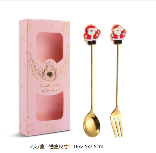 熱推Q聖誕節創意叉勺餐具套裝（老人金勺叉-粉盒兩件套）