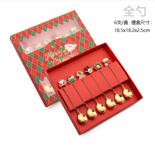 熱推Q聖誕節創意叉勺餐具套裝（金色勺禮盒六件套-紅盒）