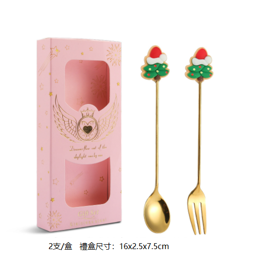 熱推Q聖誕節創意叉勺餐具套裝（樹金勺叉-粉盒兩件套）