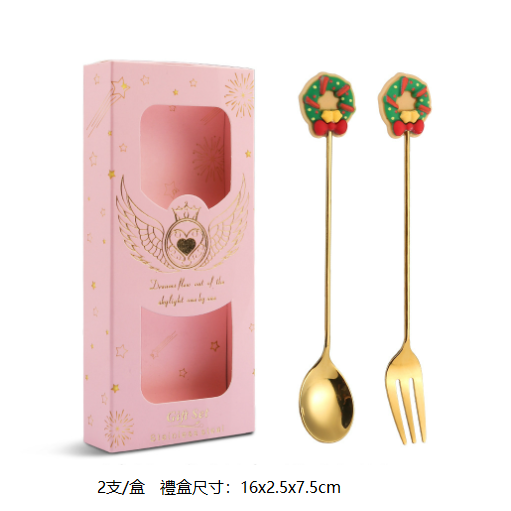 熱推Q聖誕節創意叉勺餐具套裝（花圈金勺叉-粉盒兩件套）