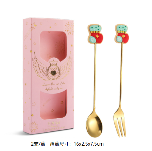 熱推Q聖誕節創意叉勺餐具套裝（襪子金勺叉-粉盒兩件套）
