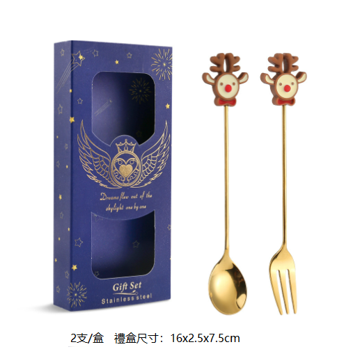 熱推Q聖誕節創意叉勺餐具套裝（麋鹿金勺叉-藍盒兩件套）