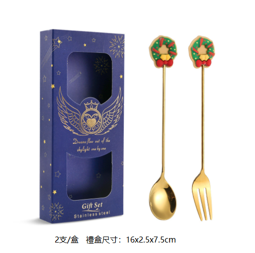 熱推Q聖誕節創意叉勺餐具套裝（花圈金勺叉-藍盒兩件套）