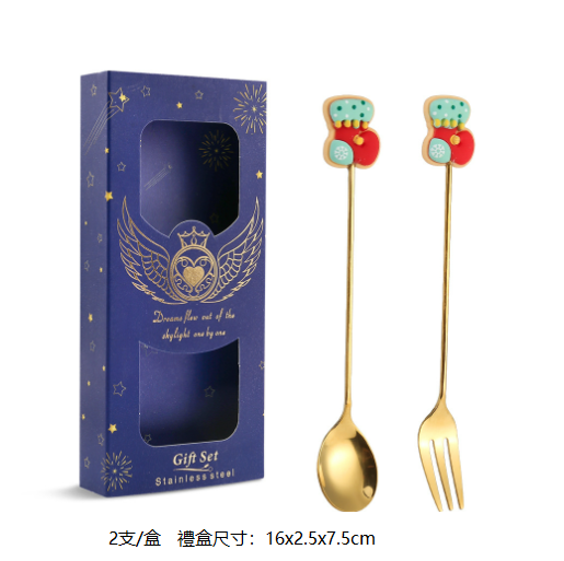 熱推Q聖誕節創意叉勺餐具套裝（襪子金勺叉-藍盒兩件套）