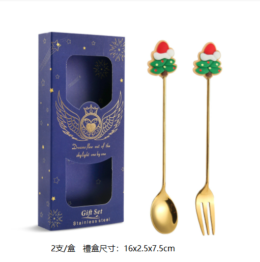熱推Q聖誕節創意叉勺餐具套裝（樹金勺叉-藍盒兩件套）