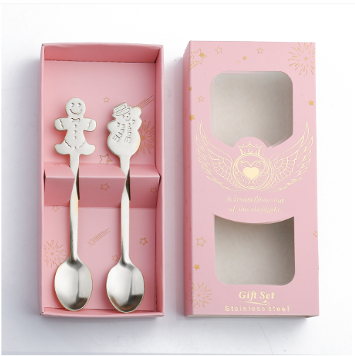 Hotly recommended Christmas small spoon cutlery gift box (silver spoon in powder box: gingerbread + snowman)