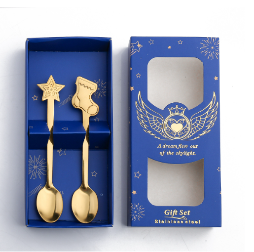Hotly recommended Christmas small spoon cutlery gift box (blue box gold spoon: socks + stars)