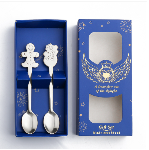 Hotly recommended Christmas small spoon cutlery gift box (blue box silver spoon: gingerbread + snowman)