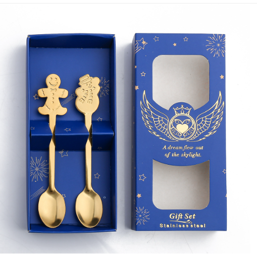Hotly recommended Christmas small spoon cutlery gift box (blue box gold spoon: gingerbread + snowman)