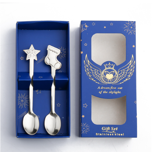 Popular Christmas small spoon cutlery gift box (blue box silver spoon: socks + stars)