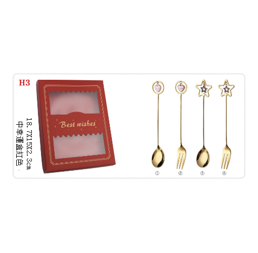 新款不銹鋼勺叉餐具套裝（304星星愛心勺叉+中號幸運盒紅）