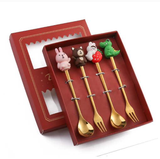 新款可愛不銹鋼叉勺餐具套裝（金色動物勺叉四件套-紅盒）