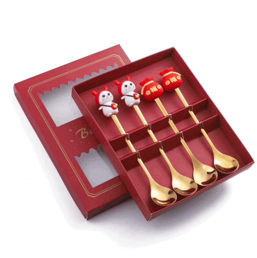 新款新年小禮物叉勺餐具套裝（公仔勺四件套-紅盒（紅帽兔+福袋））
