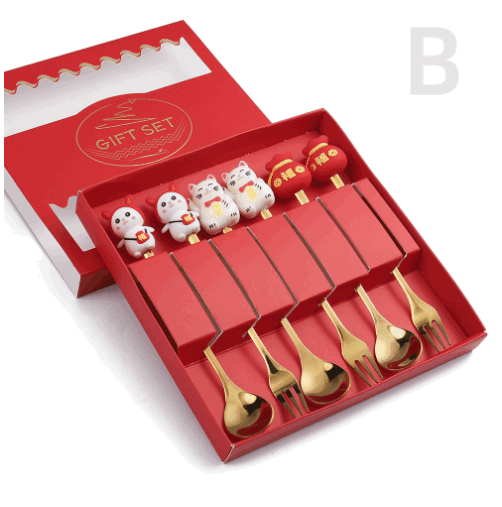 新款新年小禮物叉勺餐具套裝（B招財貓公仔勺叉六件套-紅盒）