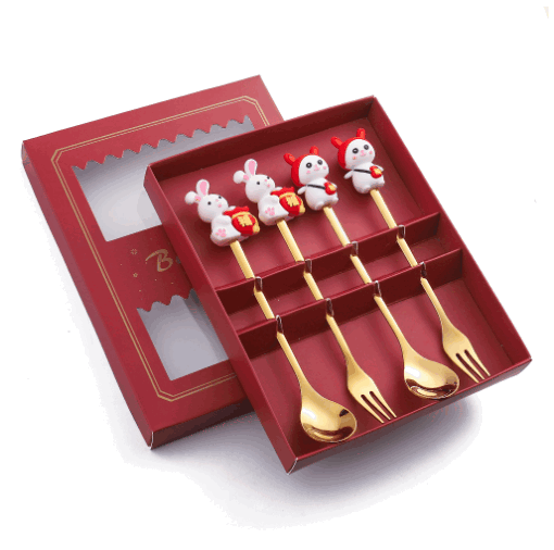 新款新年小禮物叉勺餐具套裝（E兔兔公仔勺叉四件套-紅盒）