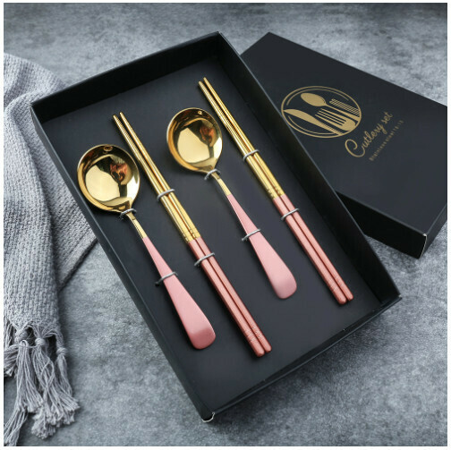 New 304 stainless steel Chinese tableware set (pink gold-short handle four-piece set)