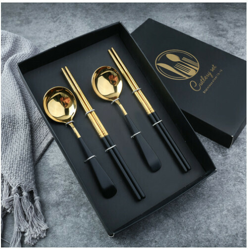 New 304 stainless steel Chinese tableware set (black gold-short handle four-piece set)