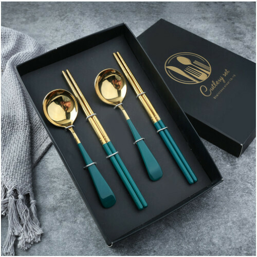 New 304 stainless steel Chinese tableware set (green gold-short handle four-piece set)