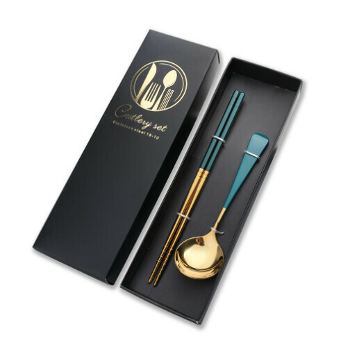 New 304 stainless steel Chinese tableware set (green gold-short handle two-piece set)