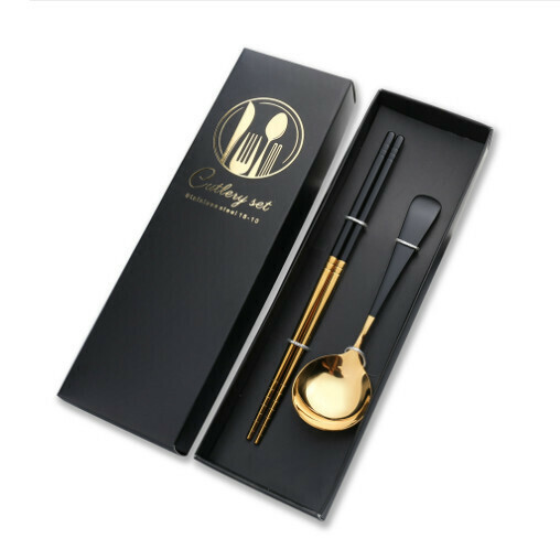 New 304 stainless steel Chinese tableware set (black gold-short handle two-piece set)