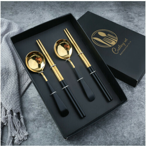 New 304 stainless steel Chinese tableware set (410 black gold-short handle four-piece set)