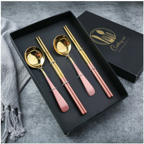 New 304 stainless steel Chinese tableware set (410 pink gold-short handle four-piece set)