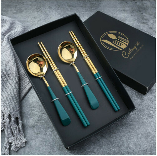 New 304 stainless steel Chinese tableware set (410 green gold-short handle four-piece set)