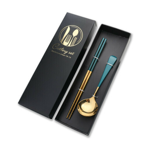 New 304 stainless steel Chinese tableware set (410 green gold-short handle two-piece set)